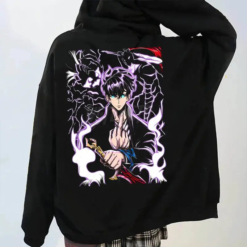 A unisex Solo Leveling Graphic Hoodie with a Sung Jin Woo print, shown in a cool streetwear style.