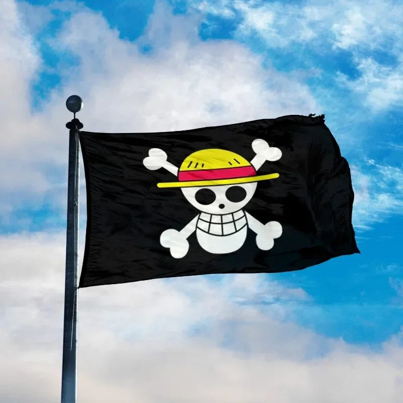 A large 90x150cm One Piece Flag featuring the classic Monkey D. Luffy Straw Hat Pirates skull and crossbones logo for wall decor.