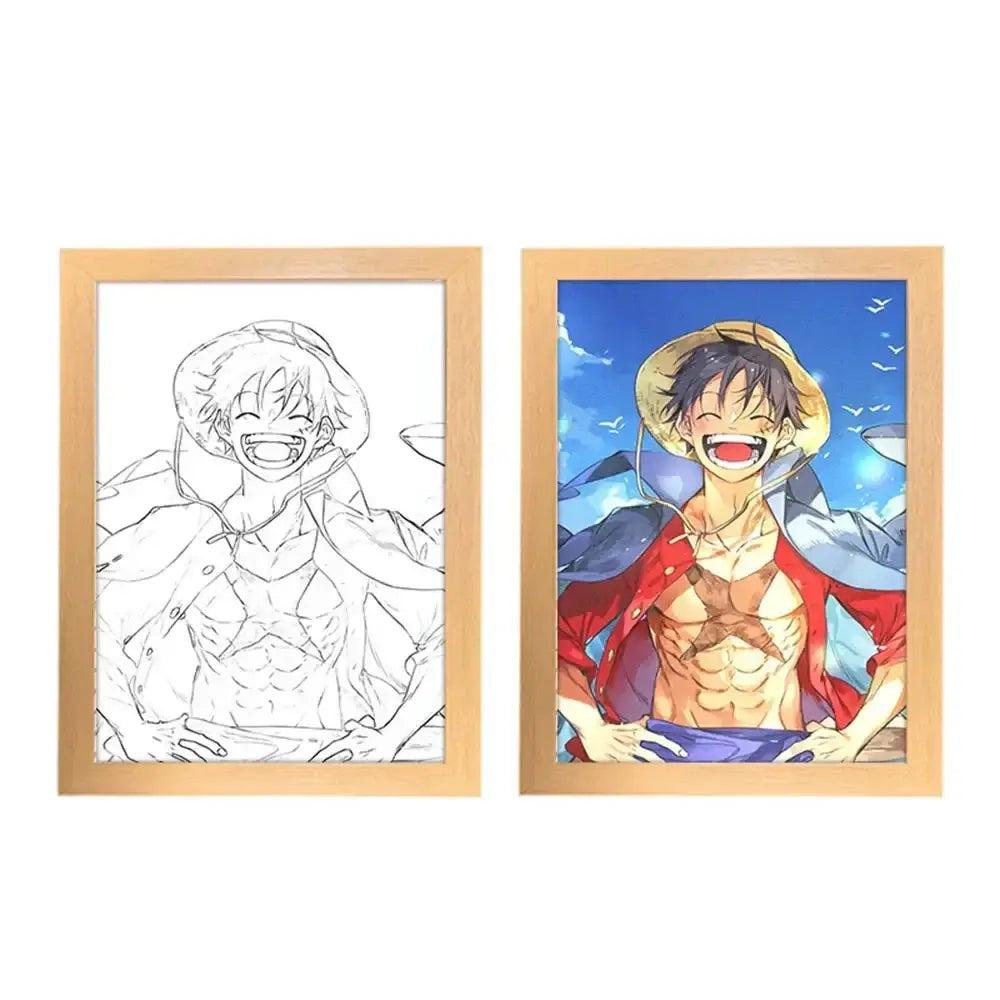 A creative One Piece Photo Frame Night Light displaying anime characters Luffy and Zoro, serving as a bedside decoration painting.