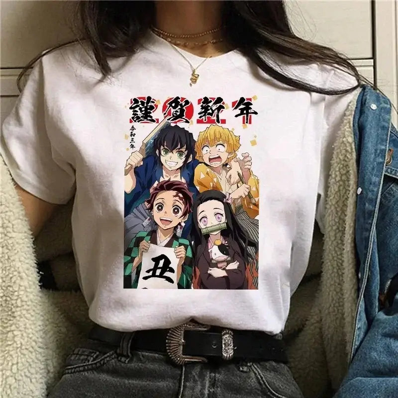 A Demon Slayer T Shirt for Women, a female Kimetsu No Yaiba graphic tee with a Nezuko and Tanjirou Kamado print.