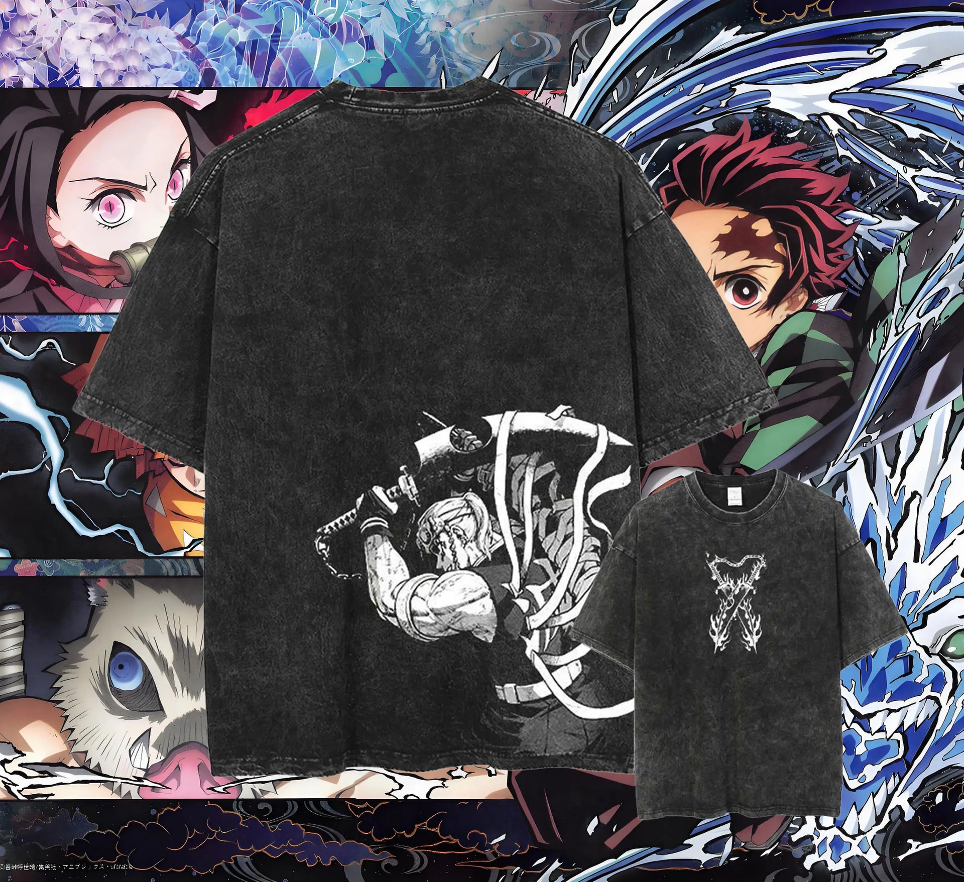 Men's Acid Washed TShirt Streetwear with an oversized fit and a Japanese anime graphic, showcasing a vintage washed black Harajuku style.