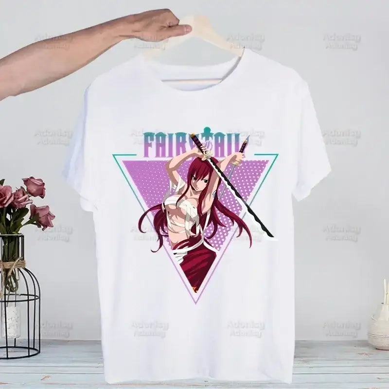 A hip hop style Fairy Tail T-shirt made of cotton featuring anime characters Natsu Dragneel and Lucy Heartfilia.