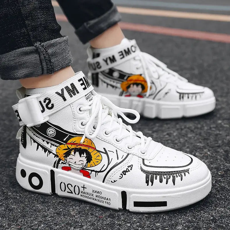 A pair of Anime One Piece Luffy High Top Shoes featuring Roronoa Zoro, designed as breathable, non-slip leisure sports sneakers for men and women.
