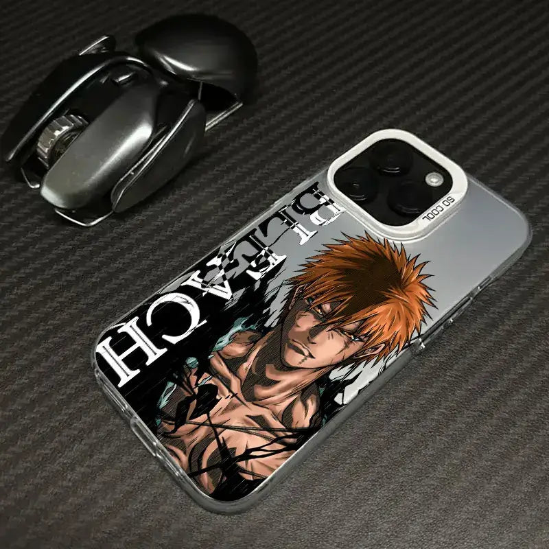 A shockproof Bleach Anime Phone Case featuring Ichigo Kurosaki and Rukia Kuchiki anime art, compatible with Apple iPhone 16e, 16, 15, and 14 Pro Max.