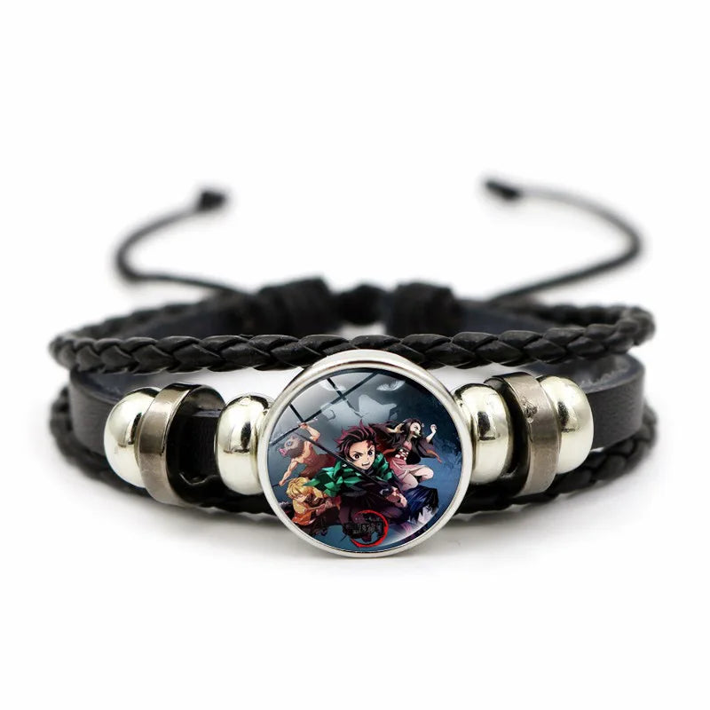 A woven leather Demon Slayer Bracelet featuring a glass art photo charm of Tanjiro Kamado and Nezuko, designed as an anime accessory for fans.