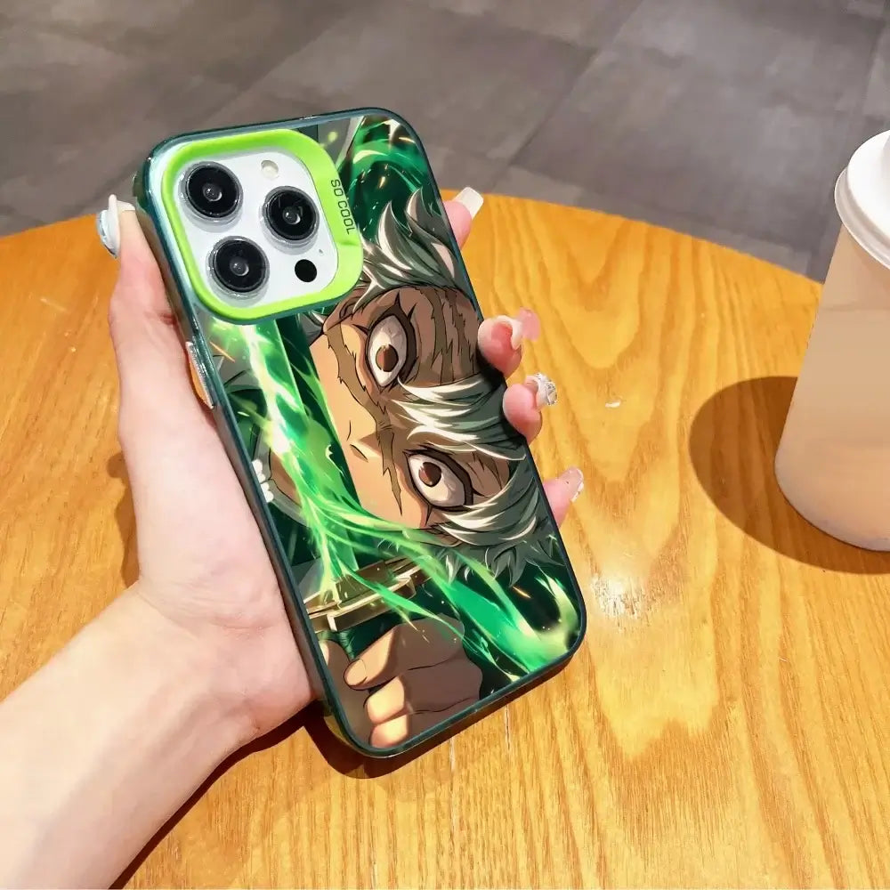 A matte black Demon Slayer Phone Case featuring cool anime character art and shockproof silicone protection for Apple iPhone 16, 15, and 14 Pro Max.