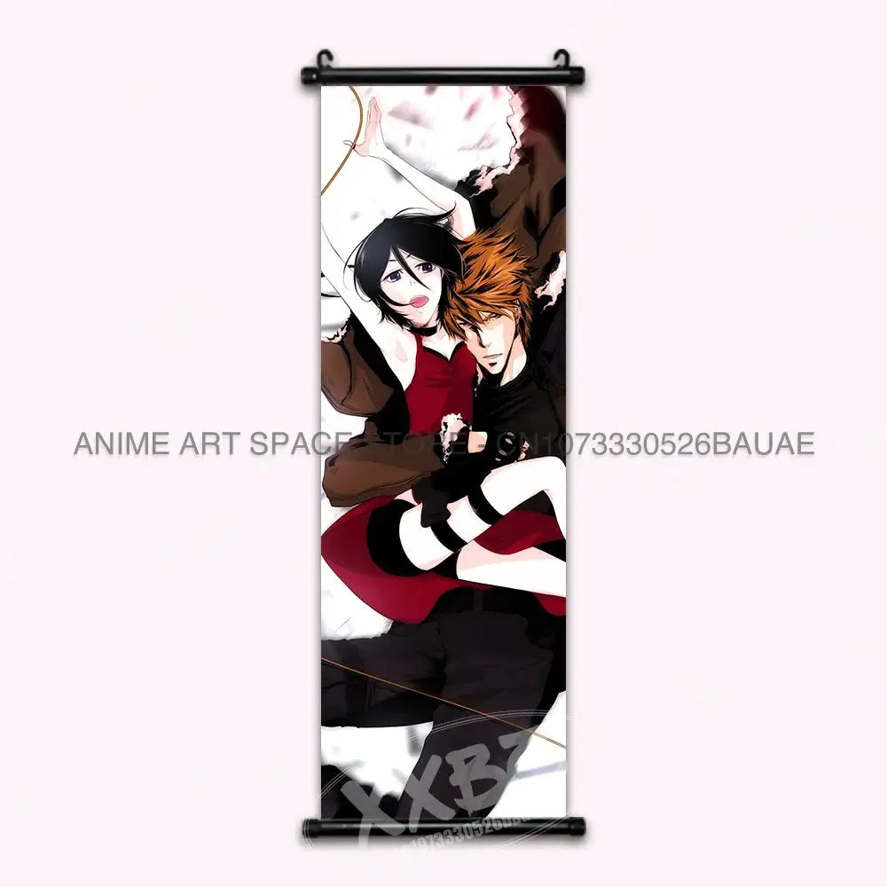 High-quality Bleach Anime Posters Japanese hanging scroll featuring Kurosaki Ichigo and Kuchiki Rukia printed on durable canvas for home decor.