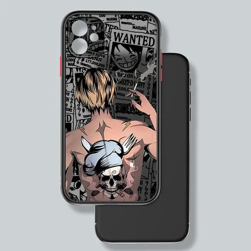 A luxury One Piece iPhone Case with frosted translucent finish and anime art, fitted for Apple iPhone 15, 14, and 13 Pro Max.
