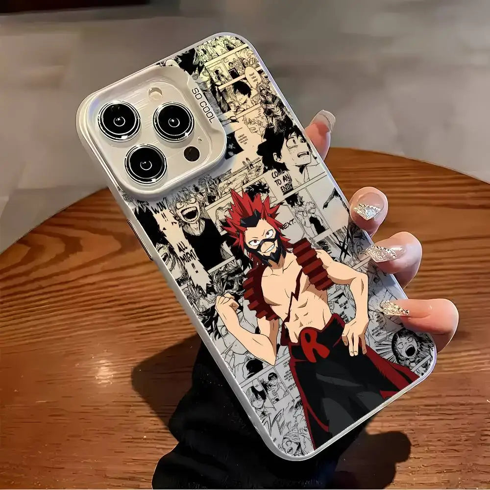A shockproof Eijiro Kirishima Phone Case featuring a multicolor aurora laser finish and Red Riot anime art, compatible with Apple iPhone 16, 15, and 14 Pro Max.