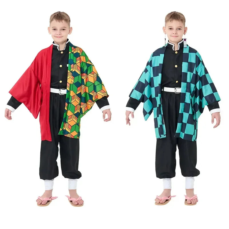 A high-quality Kids Demon Slayer Costume featuring the green checkered Tanjiro Haori and yellow Zenitsu cloak for children's dress-up.