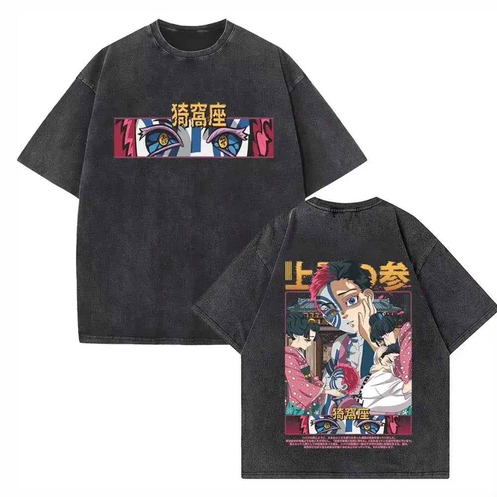 A vintage-style washed Akaza Koyuki T-shirt featuring a romantic manga graphic of Hakuji and Koyuki, oversized cotton streetwear.