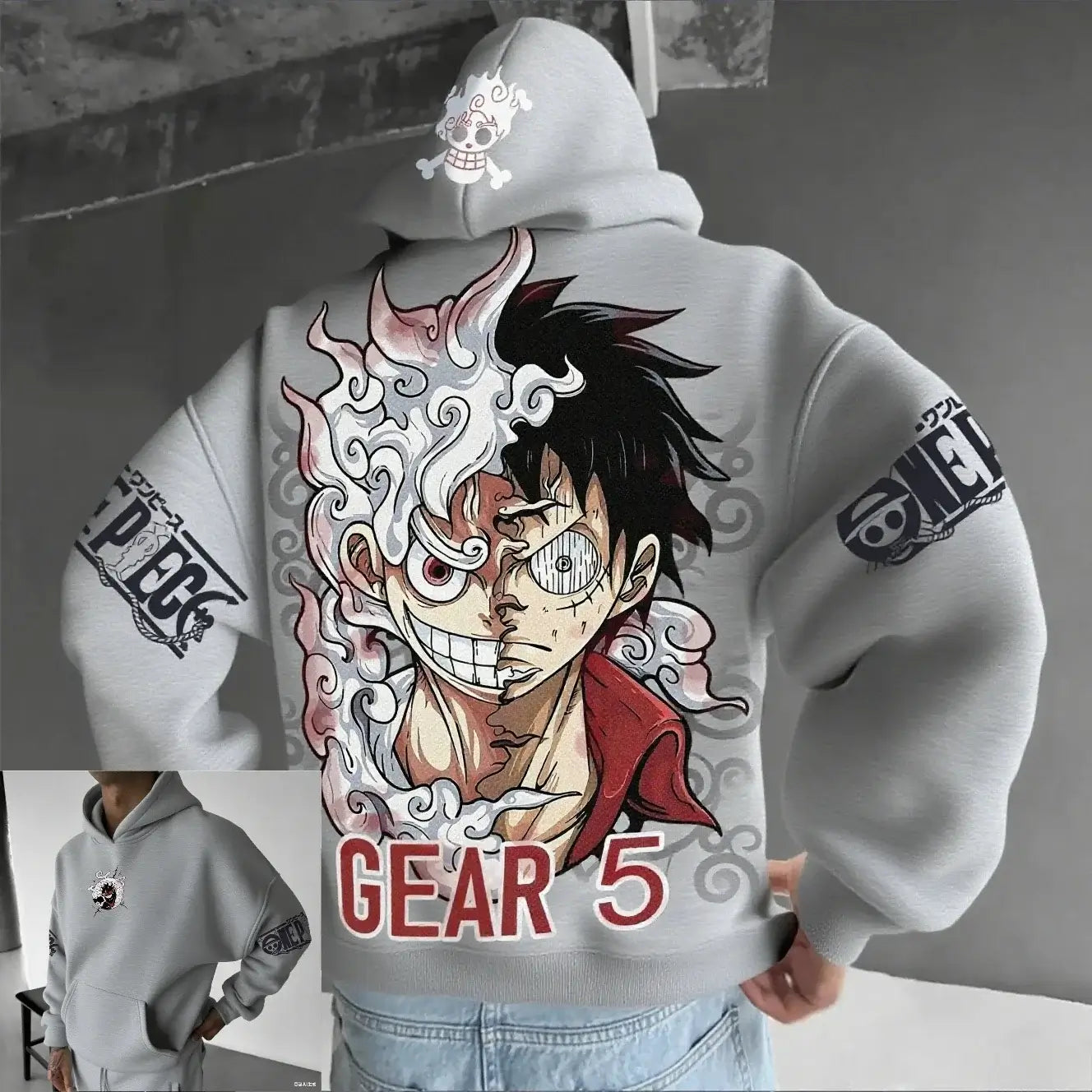A streetwear One Piece Luffy Gear 5 Nika Anime Hoodie, a casual pullover for men and women's autumn and winter cosplay.