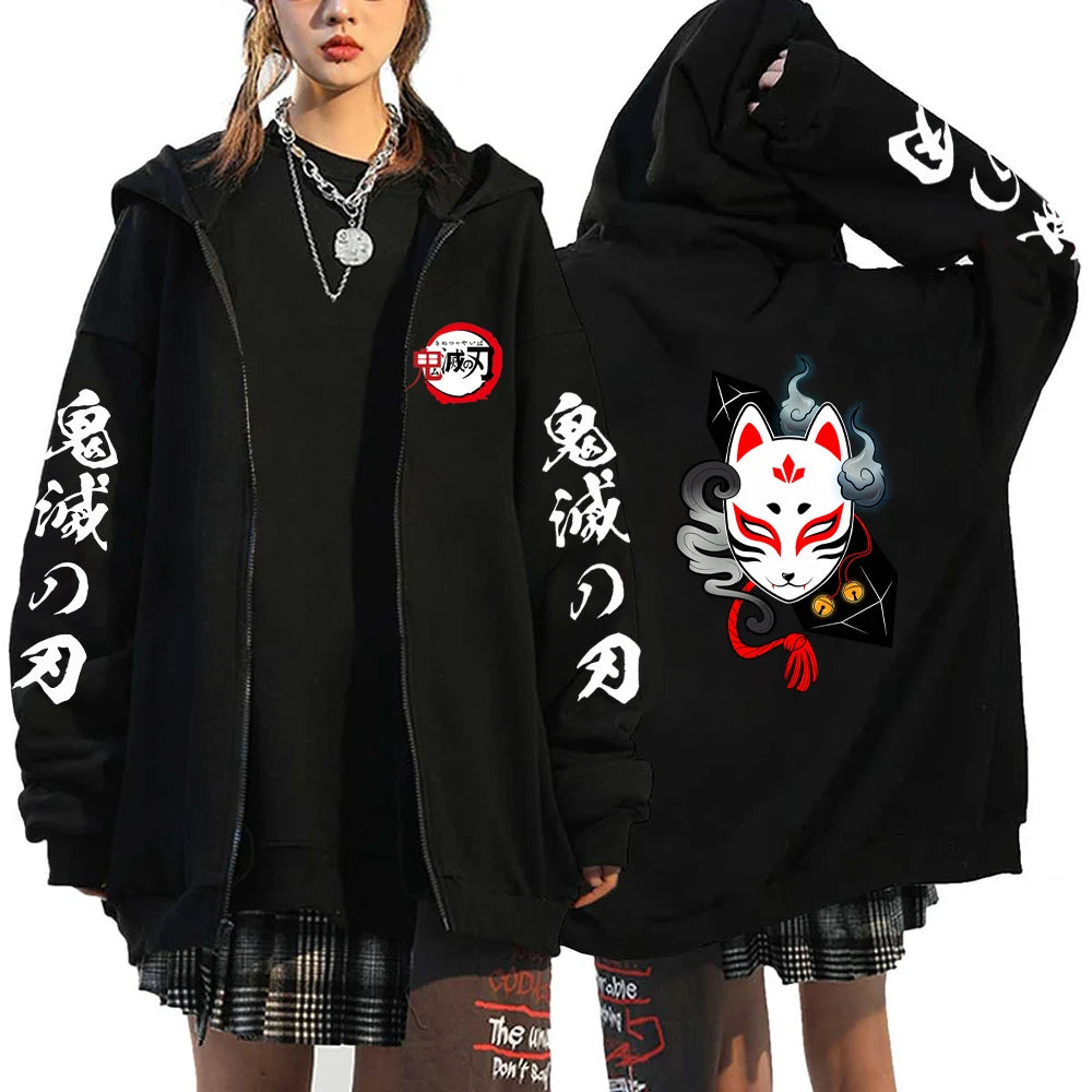 A Y2K style Demon Slayer Zip Up Hoodie featuring a Nezuko Kamado graphic, unisex hip hop streetwear for men and women.