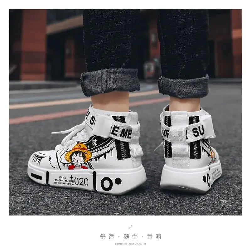 A pair of Anime One Piece Luffy High Top Shoes featuring Roronoa Zoro, designed as breathable, non-slip leisure sports sneakers for men and women.