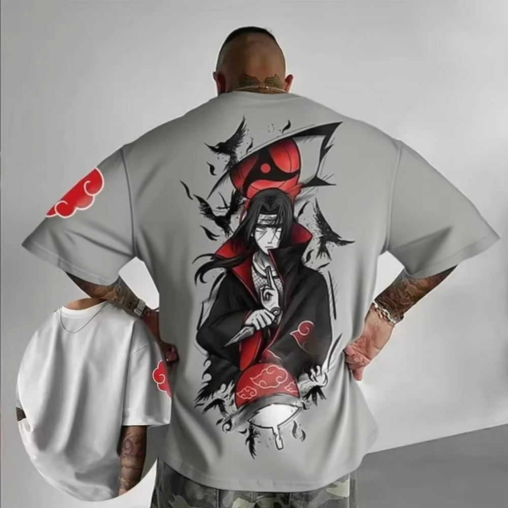 A breathable cotton Uchiha Itachi Oversized T-shirt by MINISO, featuring a sporty graphic print of the Akatsuki member for adults and children.