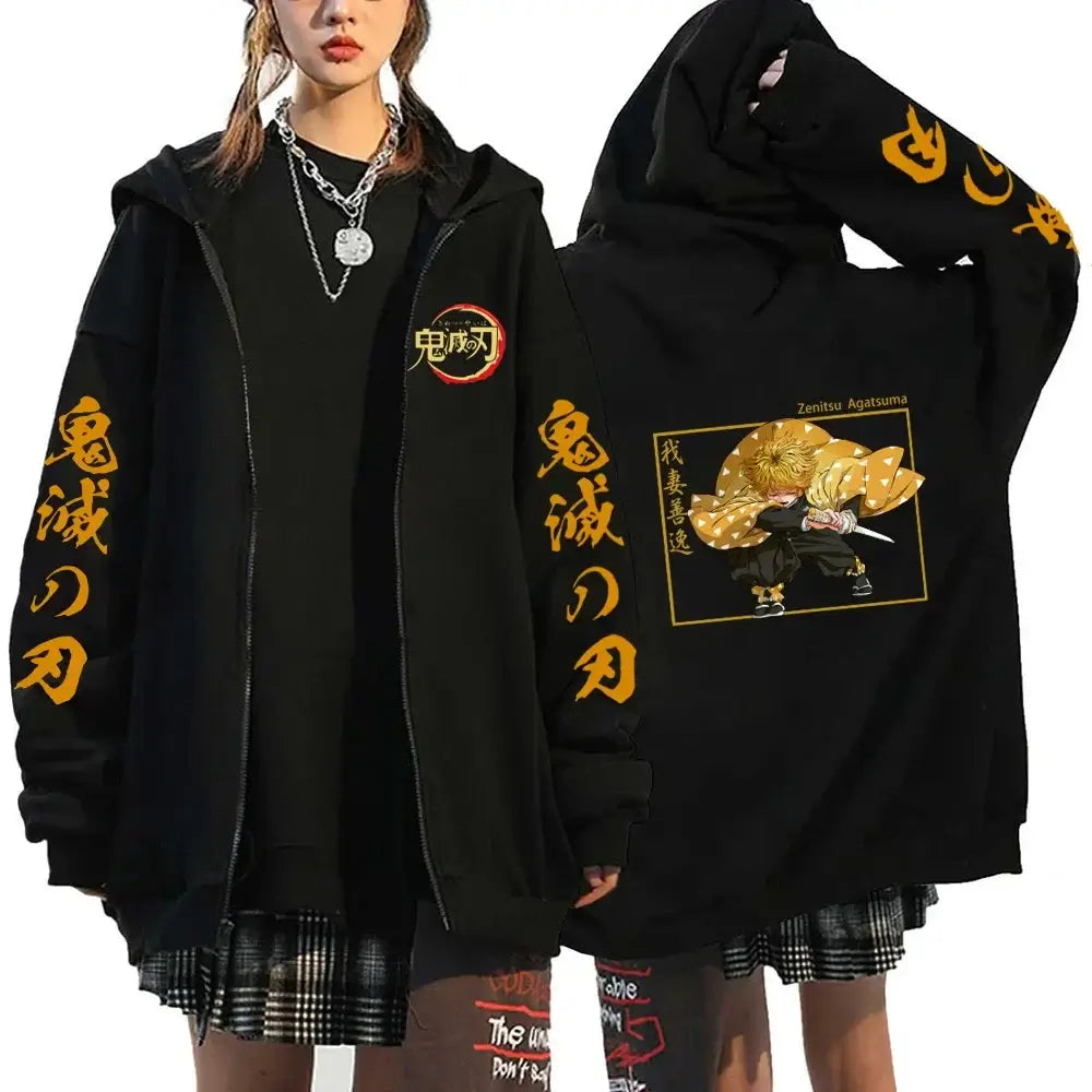 A casual loose Harajuku Fashion Anime Cartoon Demon Slayer Pattern Print Sweatshirt and fleece zipper hoodie for men and women.