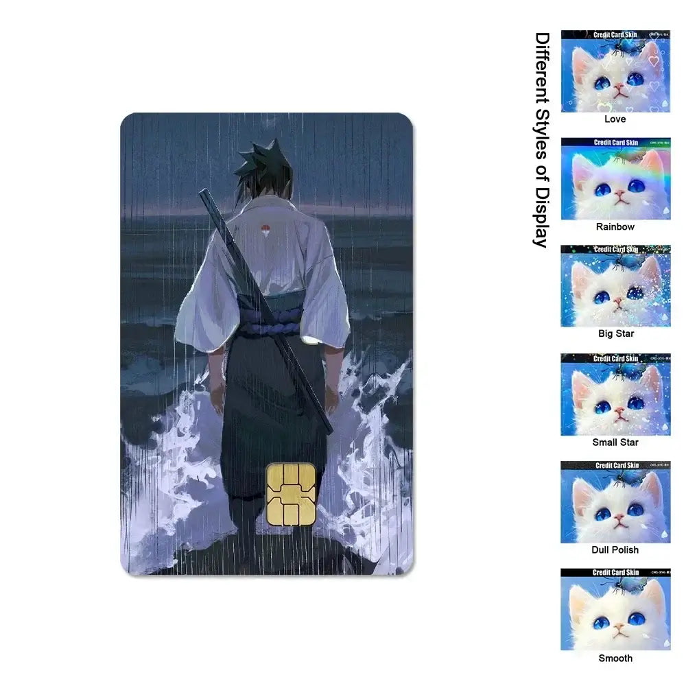 A waterproof Naruto Credit Card Skin PVC sticker featuring Uchiha Sasuke anime art applied to a standard debit bank card.