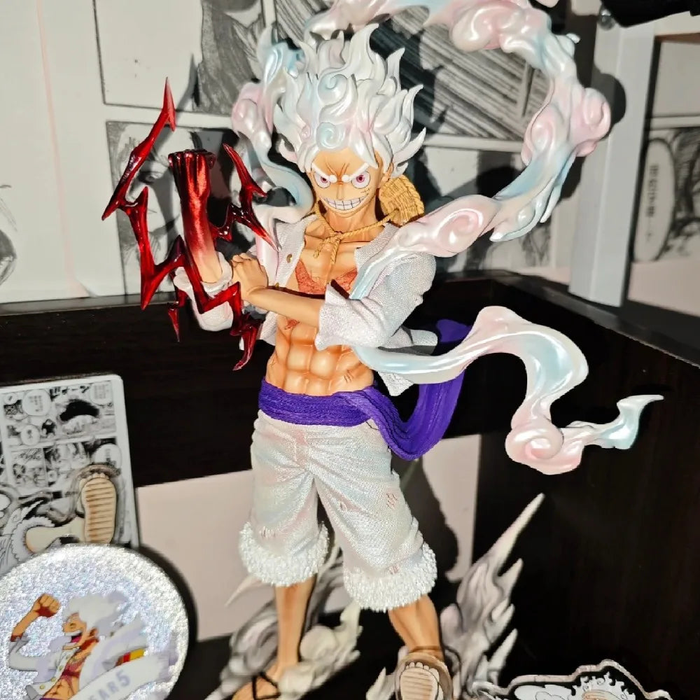A high-quality 25cm Gear 5 Luffy Figure made of PVC, featuring the Sun God Nika transformation with white clouds and dynamic posing.