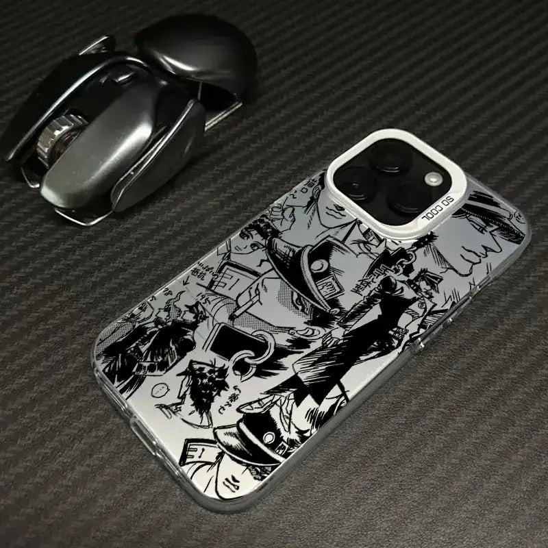 A shockproof JoJo's Bizarre Adventure Phone Case featuring colorful anime art of Jotaro and Dio, compatible with Apple iPhone 16e, 16, 15, and 14 Pro Max.