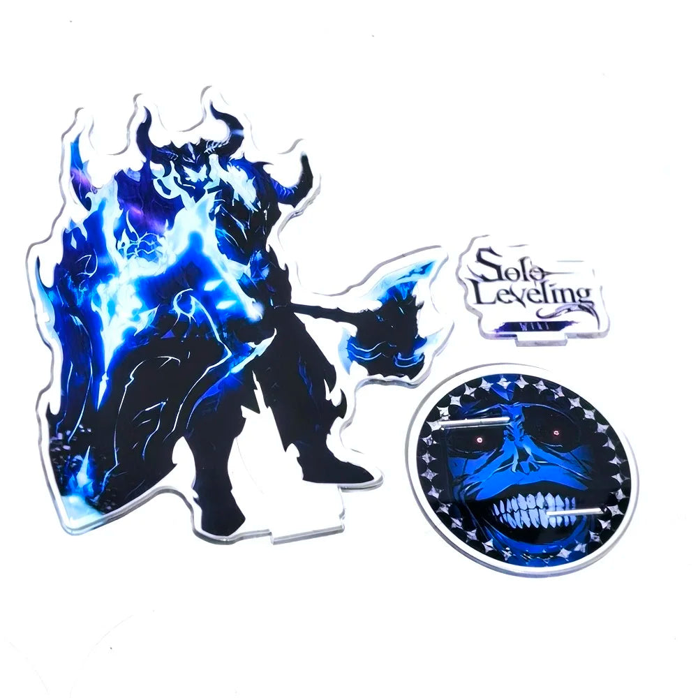 A high-definition 15cm Solo Leveling Acrylic Stand featuring Sung Jinwoo, Sung Jin Ah, and Yoo Jin Ho anime action figures for desk decoration.