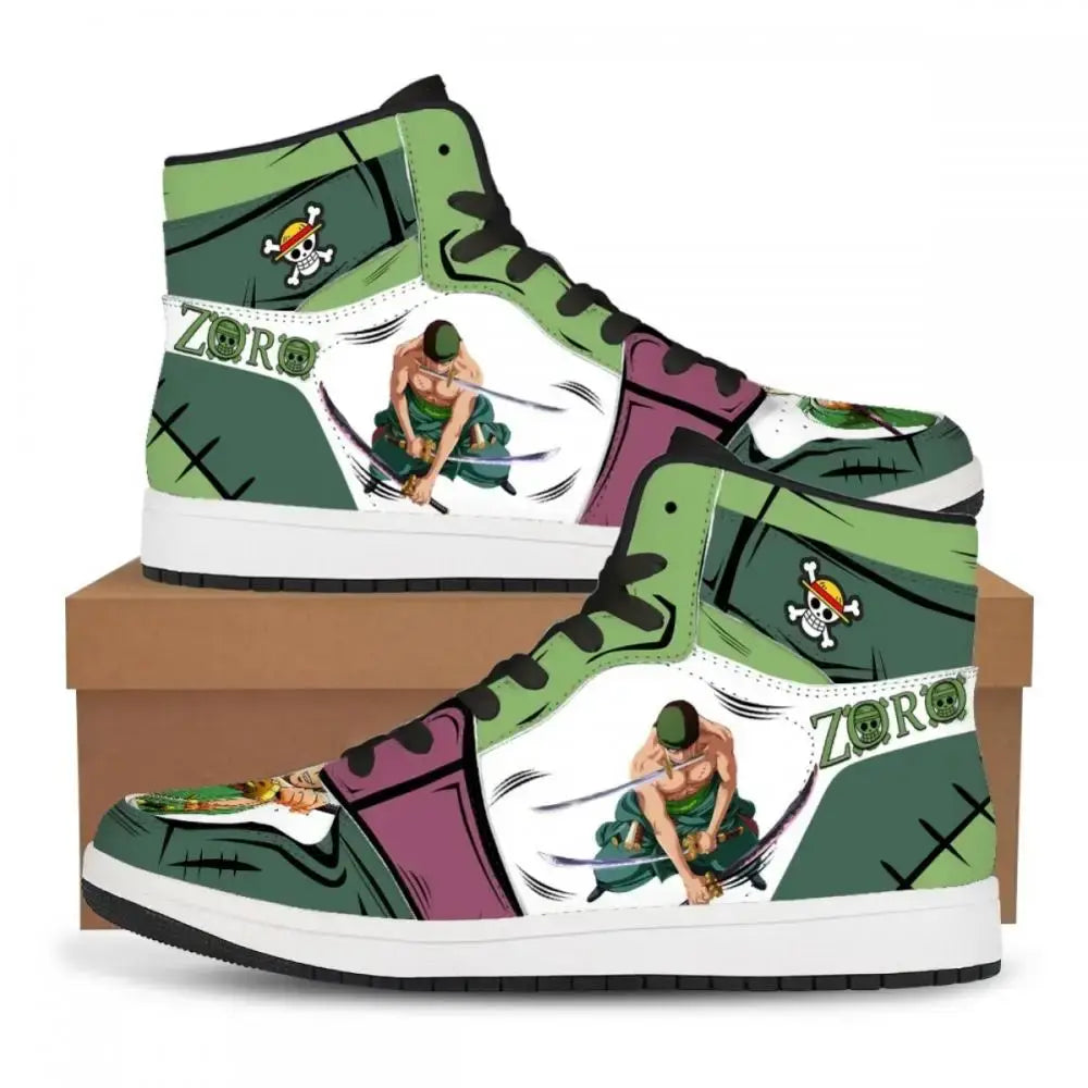 A pair of custom One Piece Basketball Shoes featuring anime designs of Luffy and Zoro, suitable as unisex sneakers.