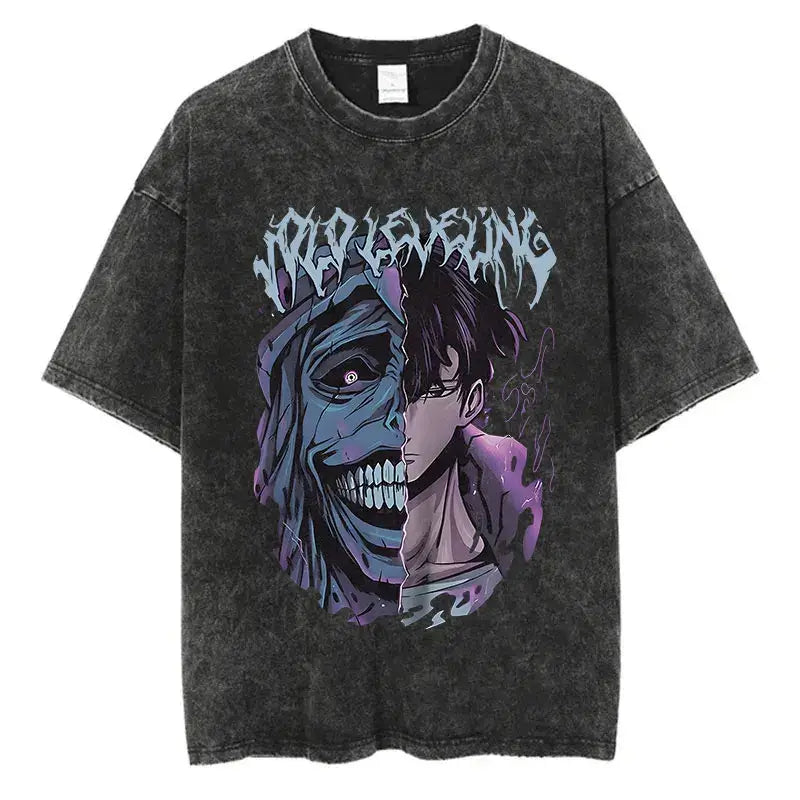 A trendy Solo Leveling Vintage T-shirt featuring a Sung Jinwoo graphic print, designed with a retro washed cotton finish for Harajuku streetwear.