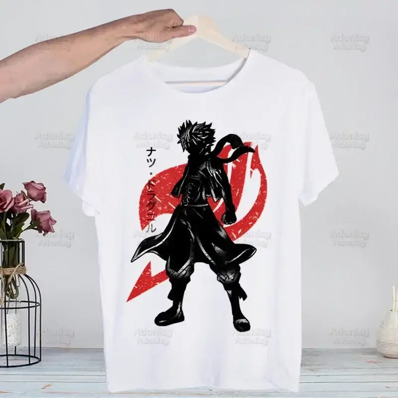 A hip hop style Fairy Tail T-shirt made of cotton featuring anime characters Natsu Dragneel and Lucy Heartfilia.