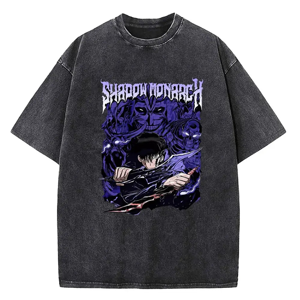 A vintage-style Solo Leveling Vintage T-shirt made of washed black cotton featuring a Sung Jinwoo graphic print, designed as Harajuku streetwear.