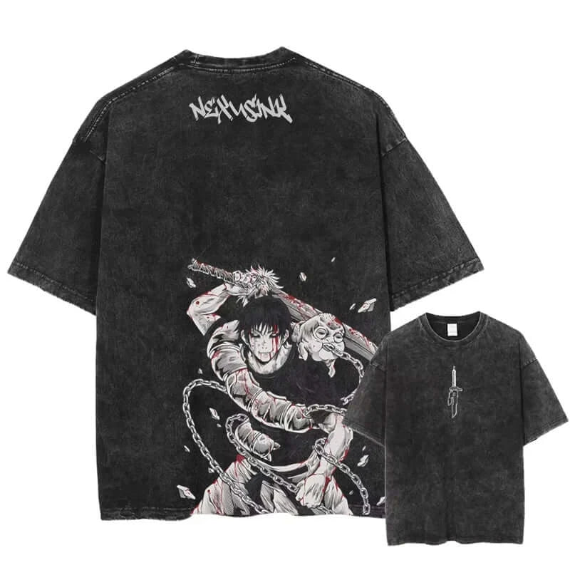 A vintage-style Ryomen Sukuna Washed T-Shirt in oversized cotton, featuring a high-definition graphic of the King of Curses for anime streetwear.