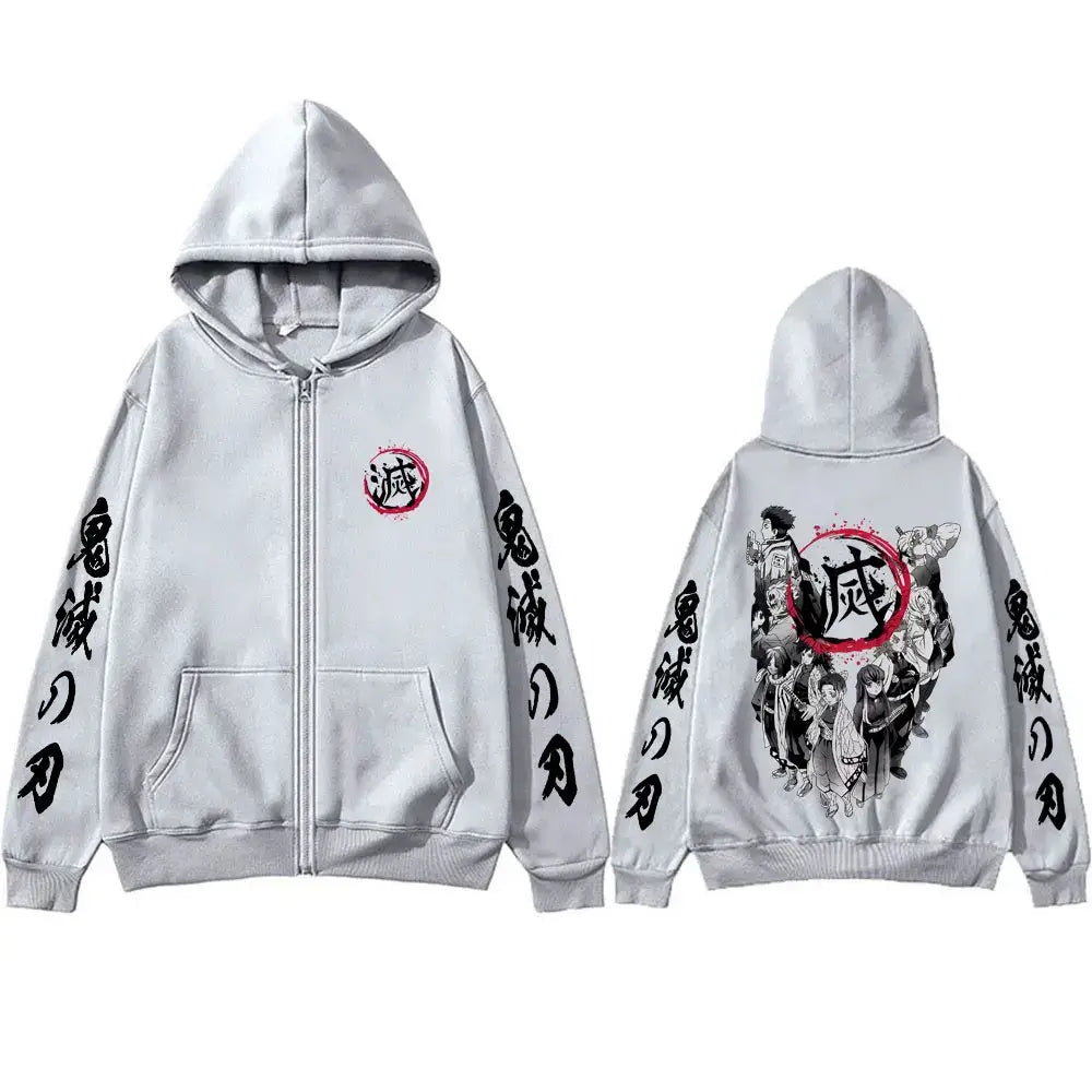 An oversized Demon Slayer Hashira Hoodie with a vintage zip-up jacket style, featuring all the Hashira members, for men and women.