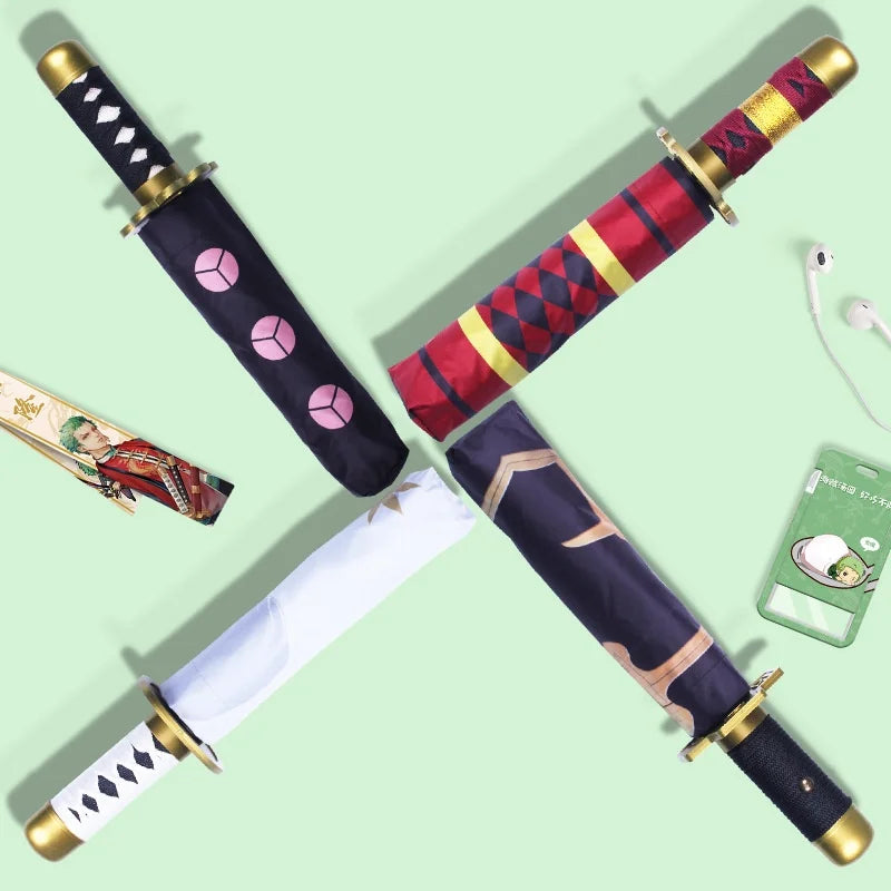 A black Tanjiro Katana Umbrella featuring a replica Nichirin sword handle and UV blocking canopy, inspired by the Demon Slayer anime.