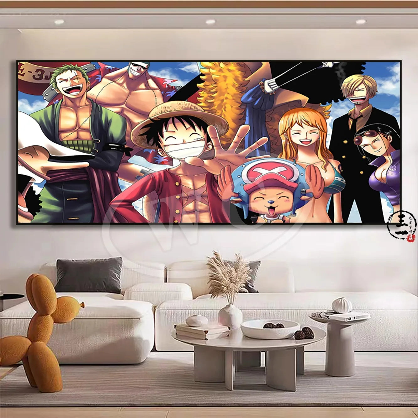 A high-quality One Piece decorative painting featuring Monkey D. Luffy, Roronoa Zoro, and Portgas D. Ace as a sofa background wall hanging.