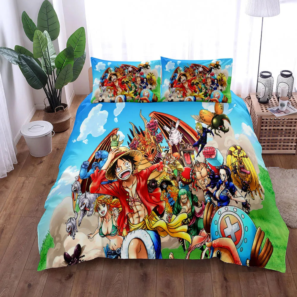 A vibrant One Piece Bedding Set featuring Monkey D. Luffy anime art on a duvet cover and pillowcase, designed for children's bedroom decor.