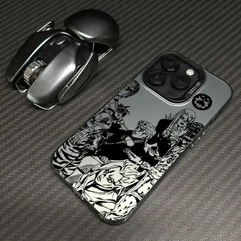 A shockproof JoJo's Bizarre Adventure Phone Case featuring colorful anime art of Jotaro and Dio, compatible with Apple iPhone 16e, 16, 15, and 14 Pro Max.