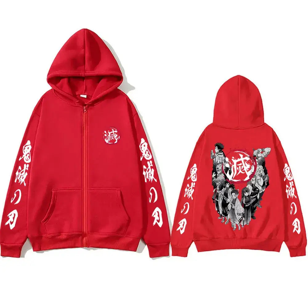An oversized Demon Slayer Hashira Hoodie with a vintage zip-up jacket style, featuring all the Hashira members, for men and women.