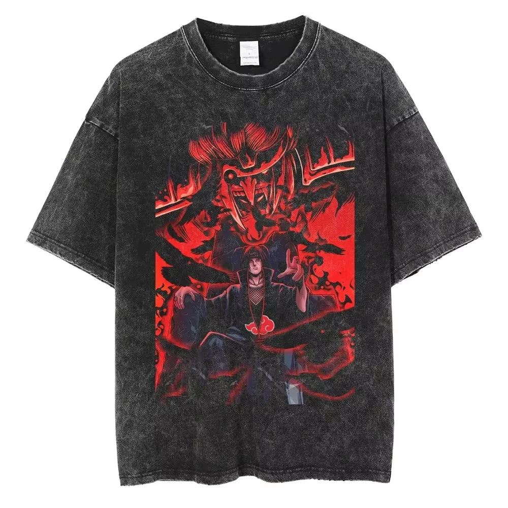 A washed black Naruto Vintage T-Shirt featuring a hip hop style anime print, designed as Harajuku streetwear for men and women.