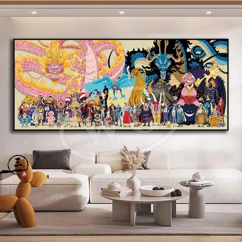 A high-quality One Piece decorative painting featuring Monkey D. Luffy, Roronoa Zoro, and Portgas D. Ace as a sofa background wall hanging.