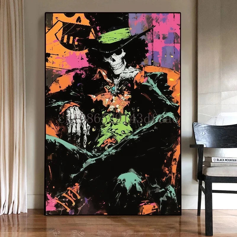 A high-quality One Piece Canvas Print featuring classic Japanese anime characters like Luffy, designed as unframed wall art for living room decoration.