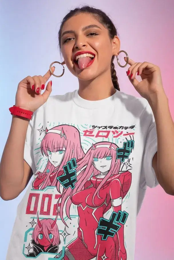 A pink aesthetic Zero Two Unisex T-Shirt featuring Darling in the Franxx anime art in a kawaii vaporwave style.