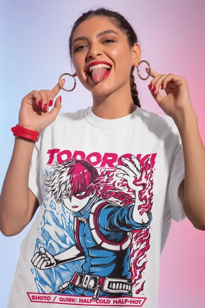 An oversized Shoto Todoroki T-Shirt featuring colorful anime graphic art of Shoto, Dabi, and All Might styled for women's streetwear.