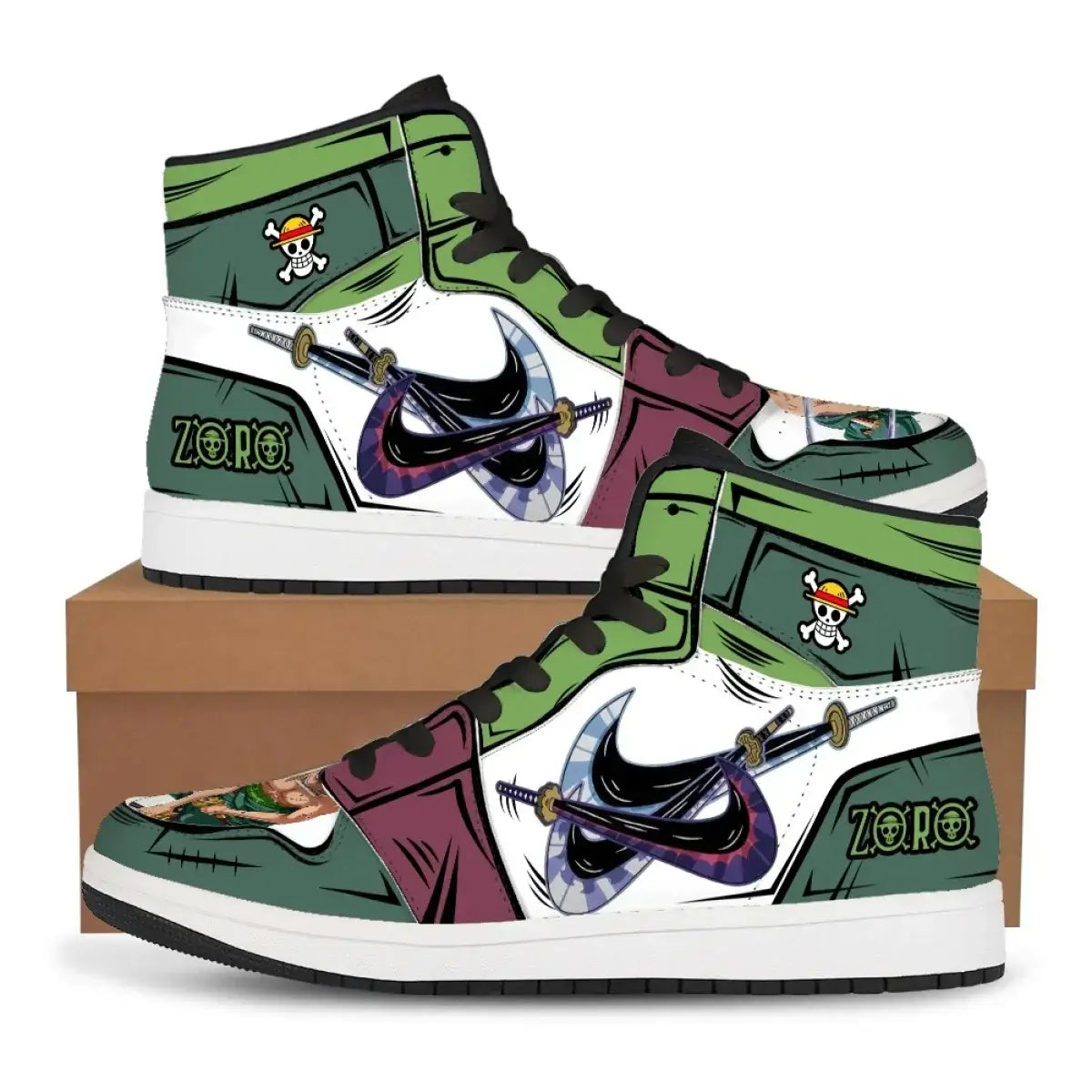 A pair of custom One Piece Basketball Shoes featuring anime designs of Luffy and Zoro, suitable as unisex sneakers.