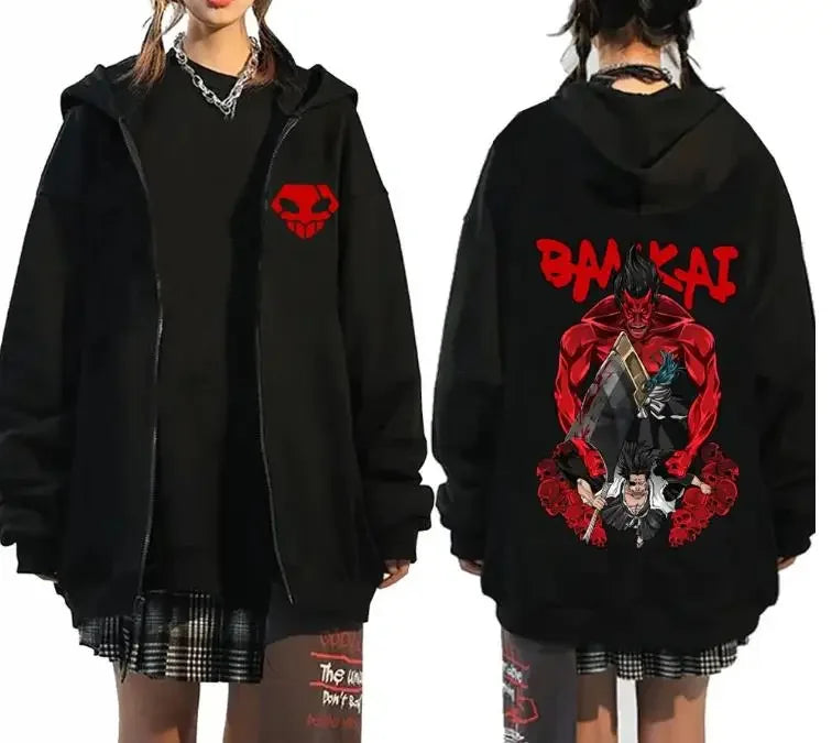 An oversized Bleach Ichigo Zip Up Hoodie featuring Kurosaki Ichigo graphic art, styled as a Harajuku streetwear jacket for men and women.