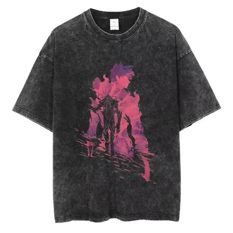 A hot unisex and plus size Solo Leveling Sung Jin-Woo Printed T Shirt in a washed cotton Harajuku style.