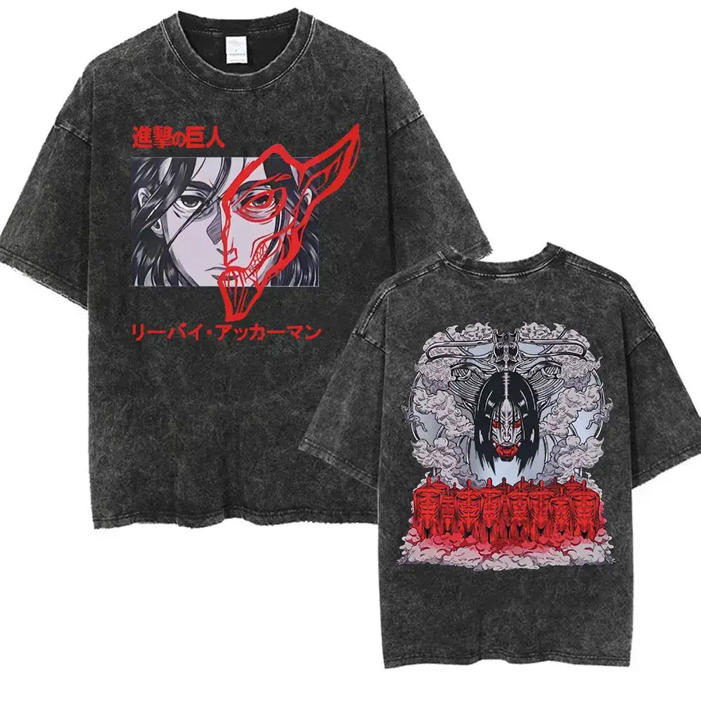 An oversized Attack on Titan Washed T-shirt featuring a vintage Levi Ackerman graphic, a stylish streetwear item for men and women.