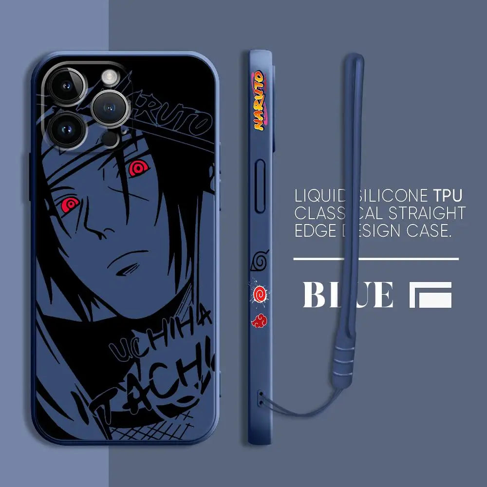 A premium Kakashi Itachi Phone Case featuring square liquid silicone design and anime art for Apple iPhone 15, 14, and 13 Pro Max.