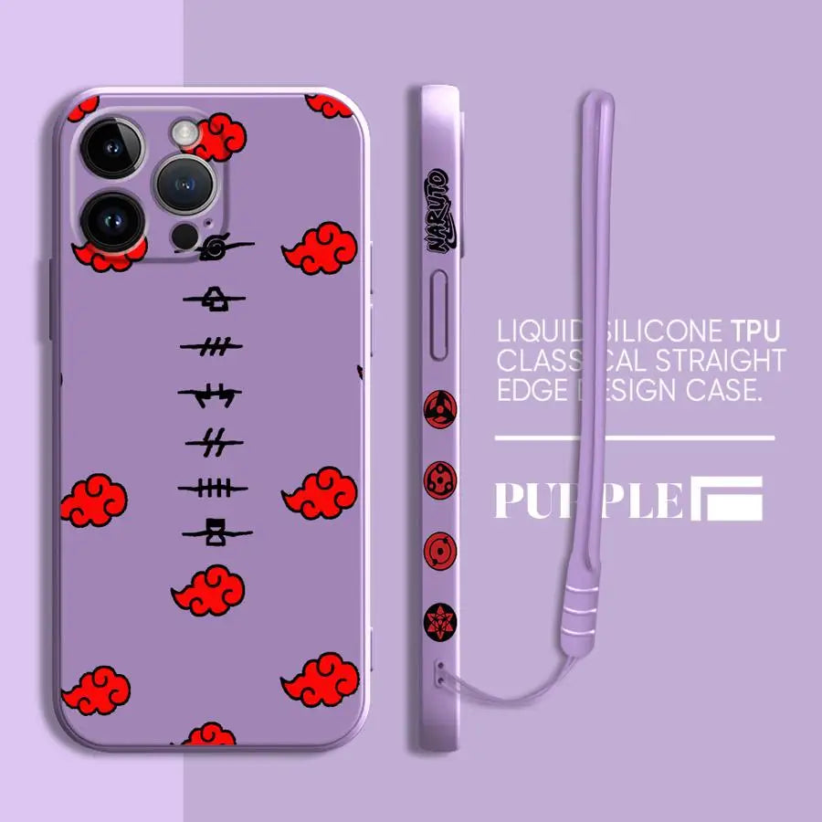 A black Akatsuki Cloud Phone Case featuring the red cloud symbol pattern, compatible with Apple iPhone 16, 15, 14 Pro Max, and 13.