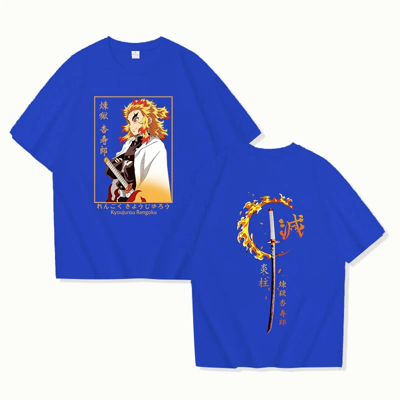 A hot new Rengoku Kyoujurou Printed Tee Shirt, a casual round neck summer unisex top for Demon Slayer fans.