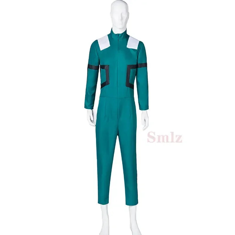 A complete unisex Anime My Hero Academia Midoriya Izuku Deku Battle Cosplay Costume set, with the green Halloween wig hair.