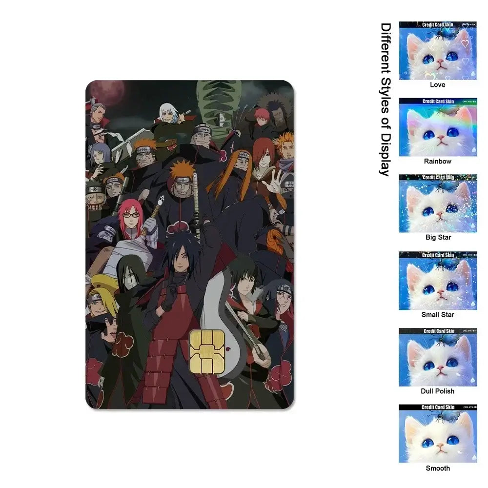 A waterproof Naruto Credit Card Skin PVC sticker featuring Uchiha Sasuke anime art applied to a standard debit bank card.