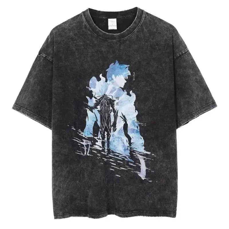 A hot unisex and plus size Solo Leveling Sung Jin-Woo Printed T Shirt in a washed cotton Harajuku style.